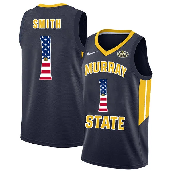 Basketball Jersey With Matching Cap-Murray State Racers 1 DaQuan Smith Navy USA Flag College Basketball Basketball Jersey