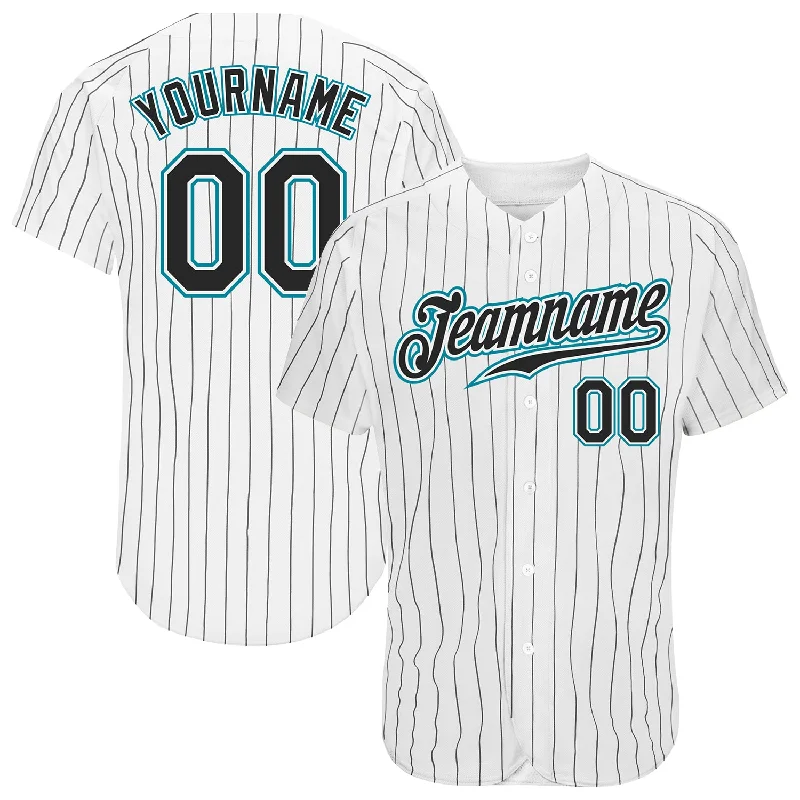 Baseball Jersey For Independence Day-Custom White Black Pinstripe Black-Teal Authentic Baseball Jersey