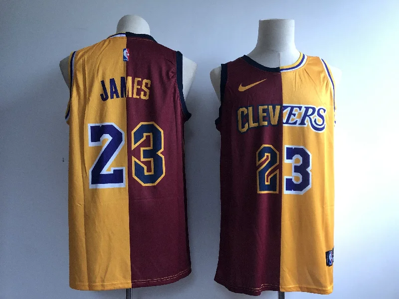 Basketball Jersey With Cartoonish Artwork-Cavaliers 23 Lebron James Burgundy Gold Split Swingman Basketball Jersey