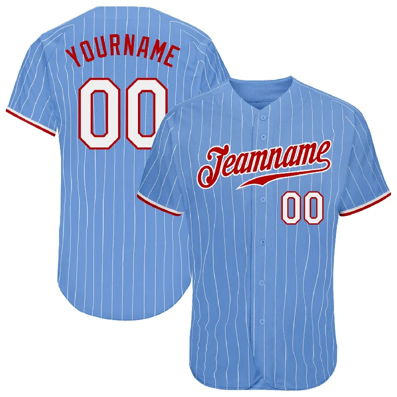 Baseball Jersey With Sequin Details-Custom Light Blue White Pinstripe White-Red Authentic Baseball Jersey