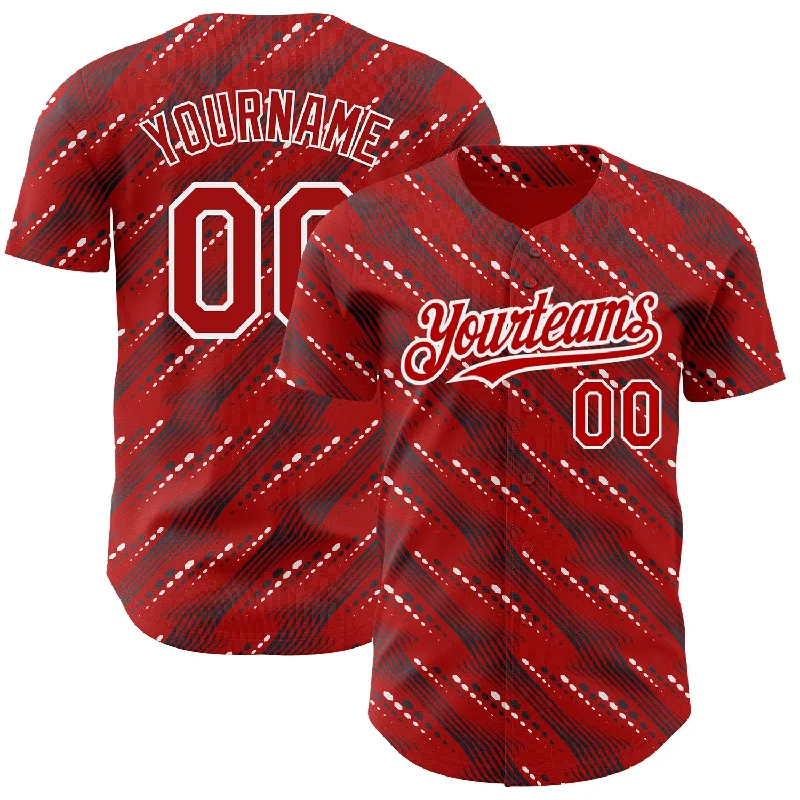 Baseball Jersey With Patches-Custom Red White 3D Pattern Design Slant Lines Authentic Baseball Jersey