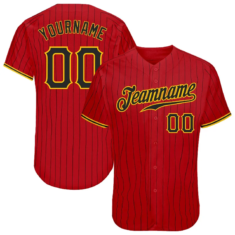 Youth Baseball Jersey-Custom Red Black Pinstripe Black-Gold Authentic Baseball Jersey