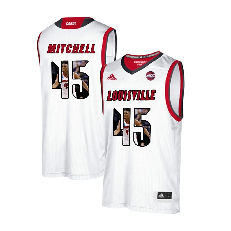 Basketball Jersey With Sporty Vibes-Louisville Cardinals 45 Donovan Mitchell White With Portrait Print College Basketball Basketball Jersey