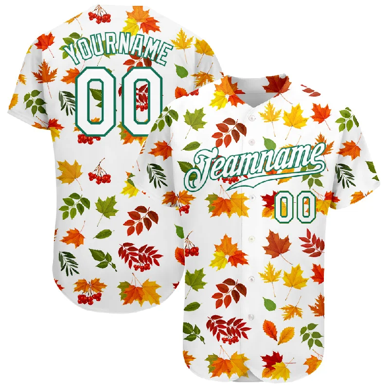 Throwback Baseball Jersey-Custom White White-Kelly Green 3D Pattern Design Autumn Leaves Authentic Baseball Jersey