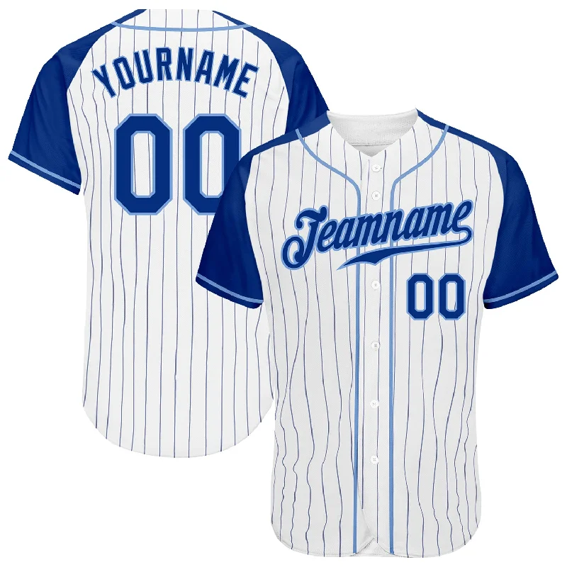 Baseball Jersey With Stretch Fit-Custom White Royal Pinstripe Royal-Light Blue Authentic Raglan Sleeves Baseball Jersey