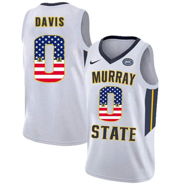 Basketball Jersey With Superhero Theme-Murray State Racers 0 Mike Davis White USA Flag College Basketball Basketball Jersey