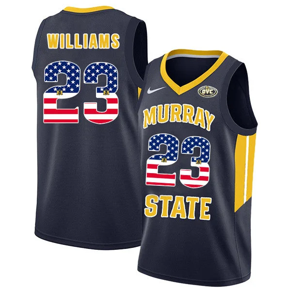 Basketball Jersey With Personalized Embroidery-Murray State Racers 23 KJ Williams Navy USA Flag College Basketball Basketball Jersey