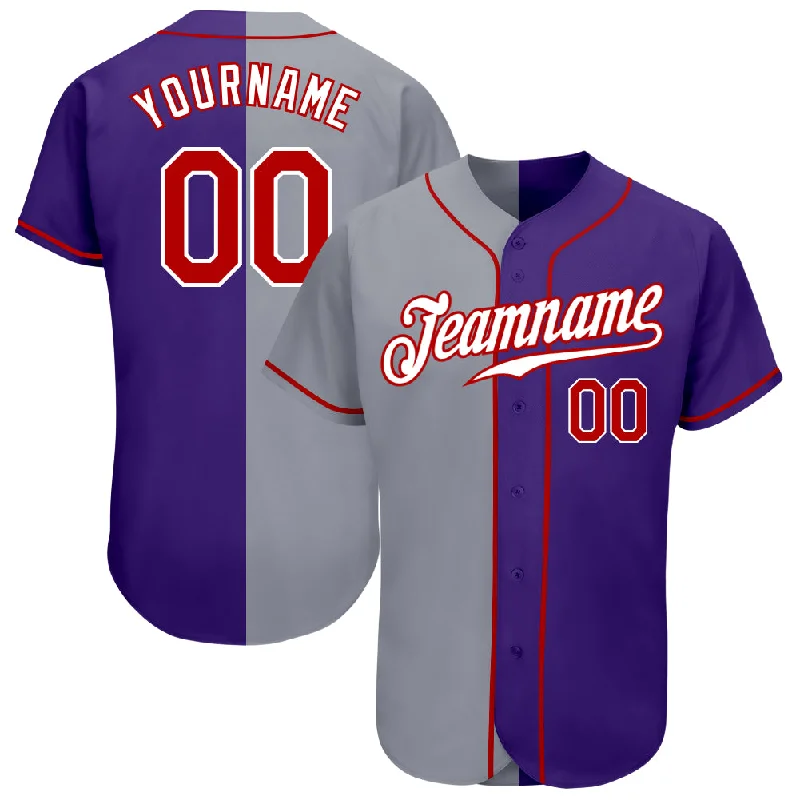 Baseball Jersey With Custom Patches-Custom Purple Red-Gray Authentic Split Fashion Baseball Jersey